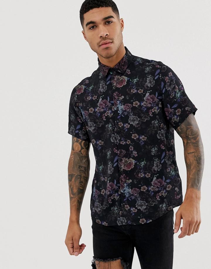 Asos Design Ramsbottom Regular Fit Floral Shirt In Black