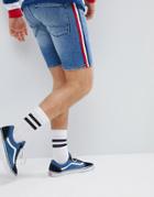 Asos Design Slim Denim Shorts In Mid Wash Blue With White Side Stripe - Blue
