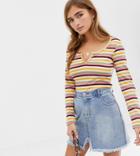 Asos Design Petite Crop Top With Notch Front In Bright Stripe Rib - Multi