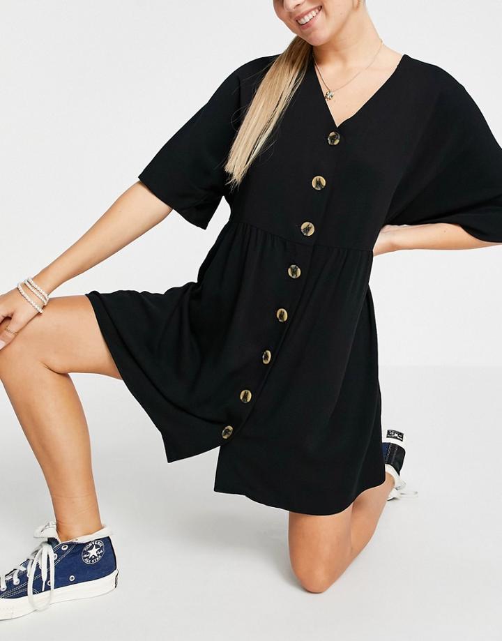 Asos Design V Neck Button Through Mini Smock Dress In Black