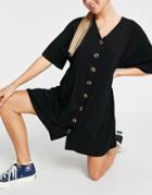 Asos Design V Neck Button Through Mini Smock Dress In Black