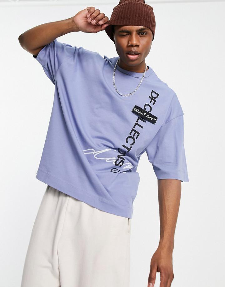 Asos Dark Future Oversized T-shirt With Multi Logos In Blue-blues