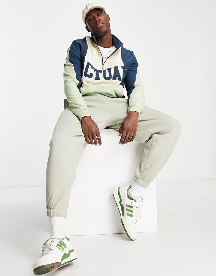 Asos Actual Oversized Funnel Neck Sweatshirt In Color Block Polar Fleece With Logo In Green-navy