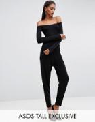 Asos Tall Bardot Peg Leg Jersey Jumpsuit With Long Sleeve - Black
