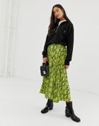 New Look Pleated Midi Skirt In Neon Snake Print - Green