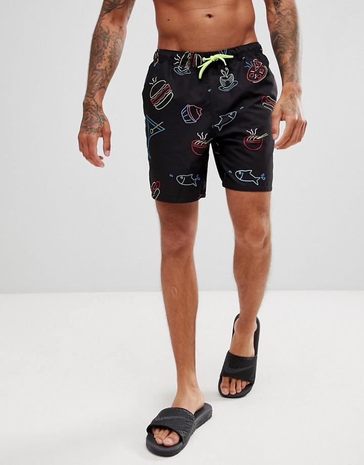 Asos Design Swim Shorts With Neon Food Print In Mid Length - Black