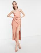 Asos Design One Shoulder Satin Midi Dress With Drape Bodice Detail-brown
