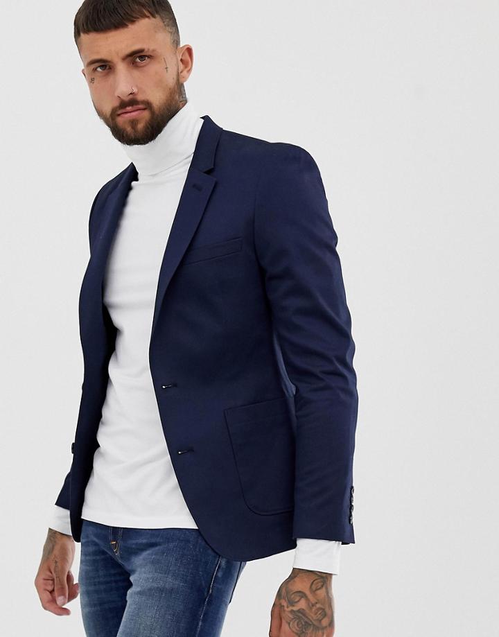 Asos Design Skinny Blazer In Navy Cotton - Navy