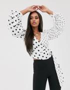 Asos Design Wrap Top With Tie Cuff In Mixed Polka Dot-multi