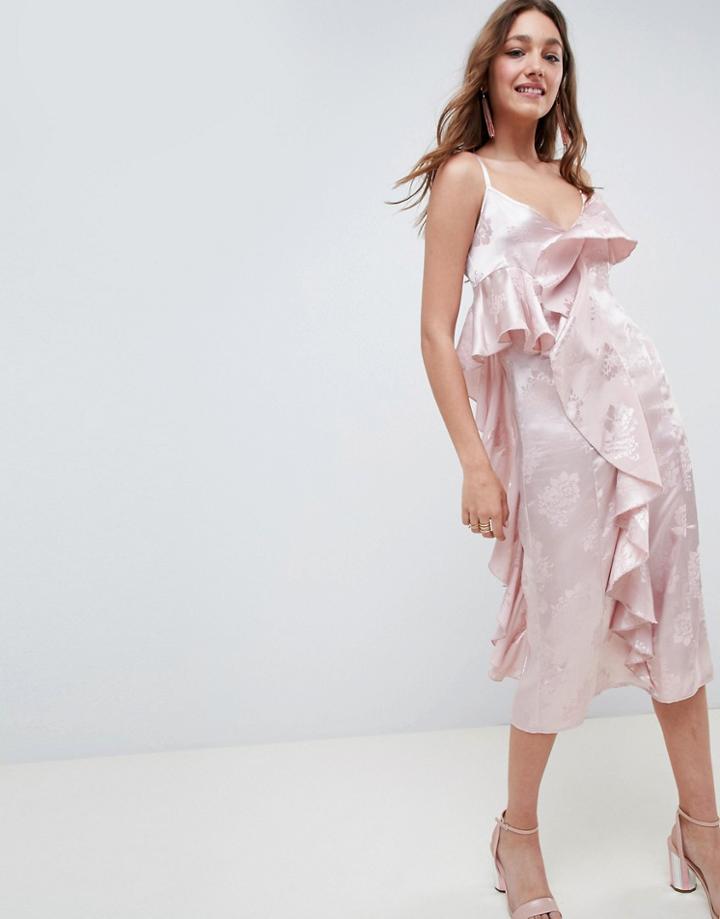 Asos Design Midi Ruffle Dress In Soft Jacquard - Pink