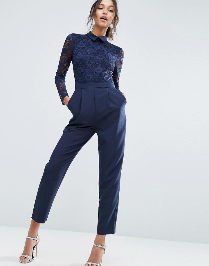 Asos Lace Collar Jumpsuit - Blue