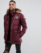 Hype Padded Parka In Burgundy With Faux Fur Hood - Red