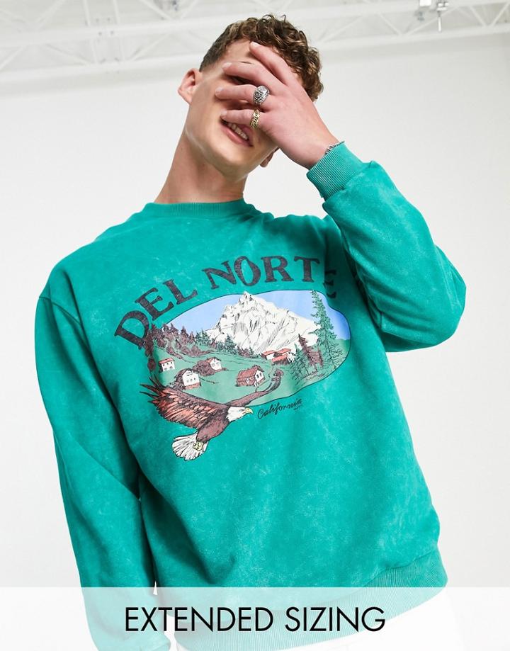 Asos Design Oversized Sweatshirt In Green Acid Wash With Scenic Print-multi