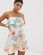 River Island Beach Dress With Ruffle Hem In Tropical Print-cream