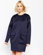 Asos White Bonded Satin Shift Dress With Pocket Detail - Navy