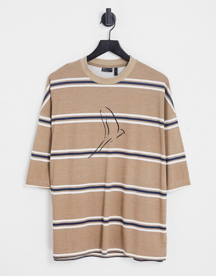 Asos Design Oversized Stripe T-shirt In Beige With Line Drawing Bird Print-neutral