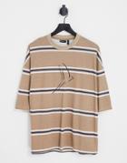Asos Design Oversized Stripe T-shirt In Beige With Line Drawing Bird Print-neutral