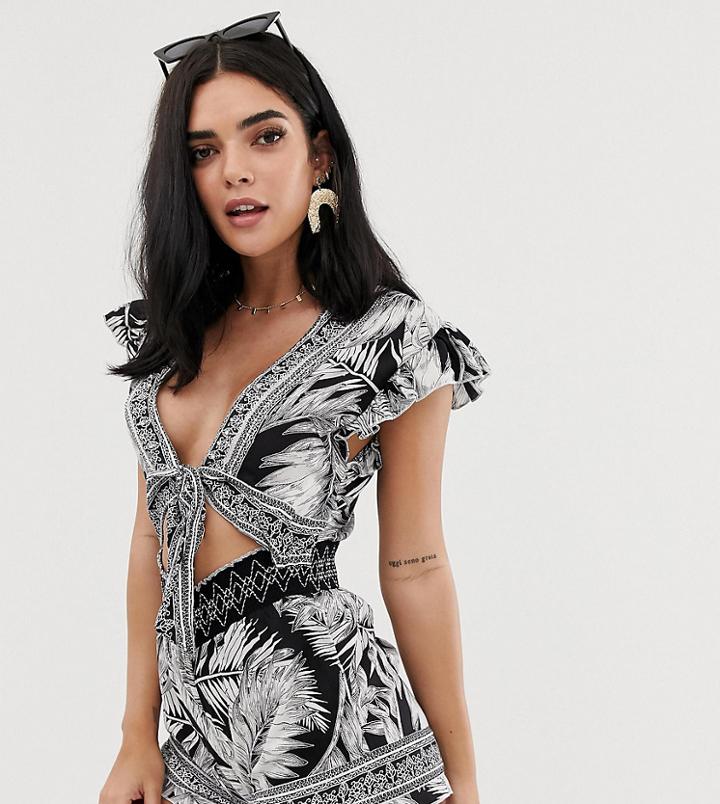 River Island Beach Romper With Knot Front In Scarf Print - Black
