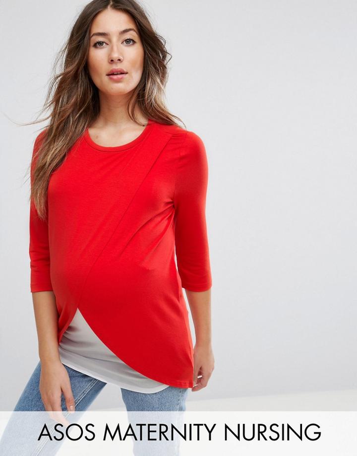 Asos Maternity Nursing Top With Wrap Overlay And Long Sleeve - Red