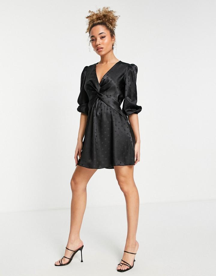 River Island Satin Jacquard Dot Mini Tea Dress With Twist Front In Black