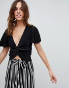 Asos Design Wrap Top With Plunge Twist Front In Plisse - Black