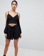 Parallel Lines Pleated Tie Front Shorts - Black