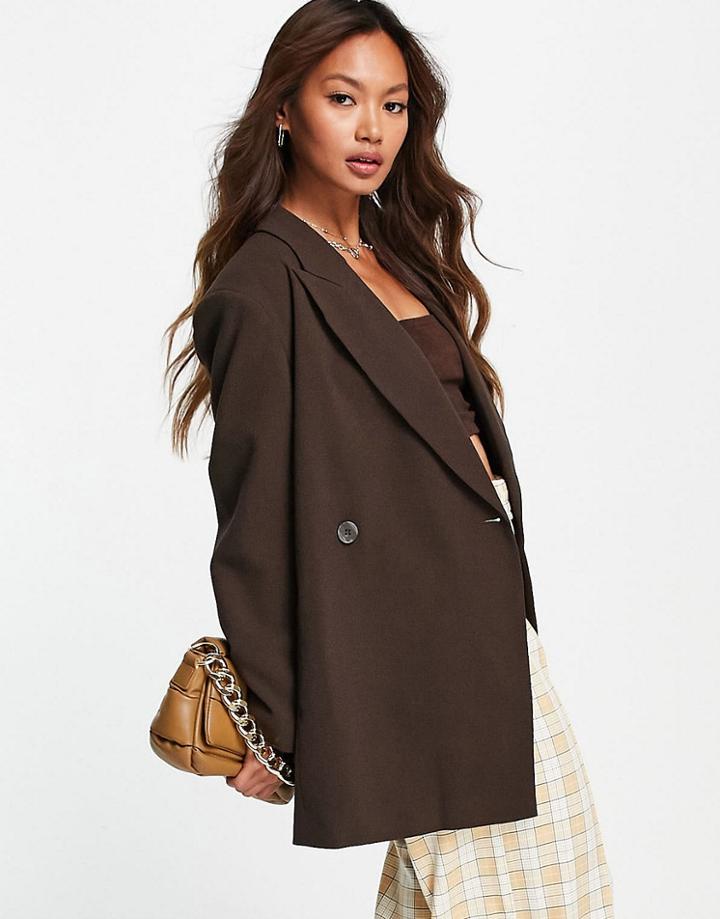 Topshop Oversized Crepe Db Blazer In Chocolate-brown