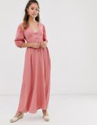 Asos Design Button Through Linen Maxi Dress With Cross Back-pink