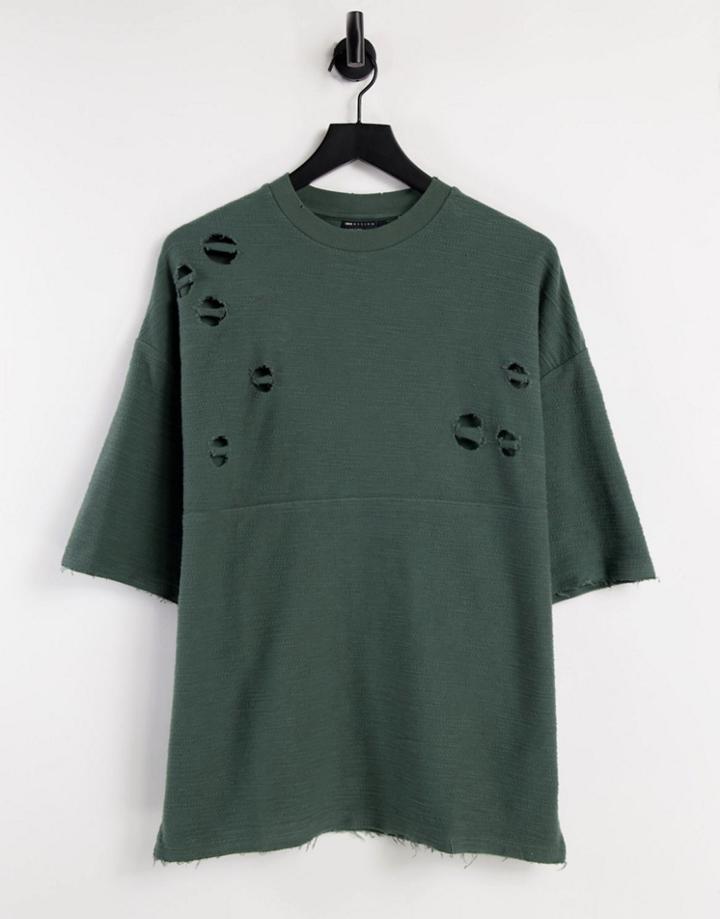 Asos Design Oversized T-shirt In Khaki Wash With Distressing-green