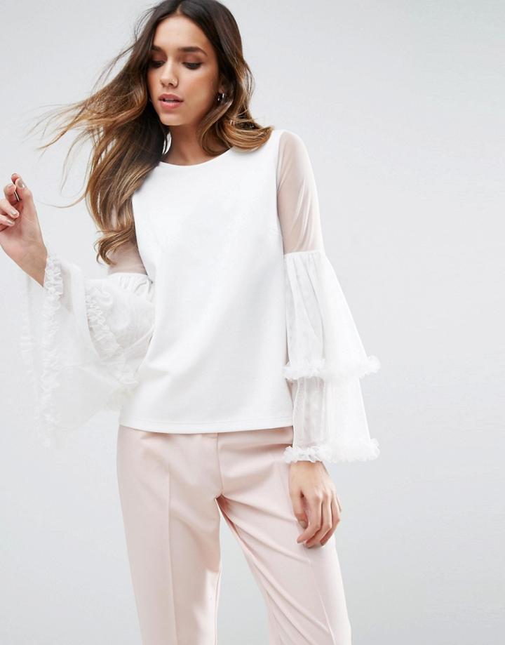 Asos Top In Ponte With Mesh Ruffle Sleeves - White