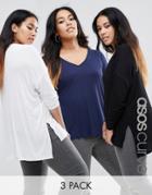 Asos Curve V Neck Top With Long Sleeves In Oversized Slouchy Rib 3 Pack - Multi