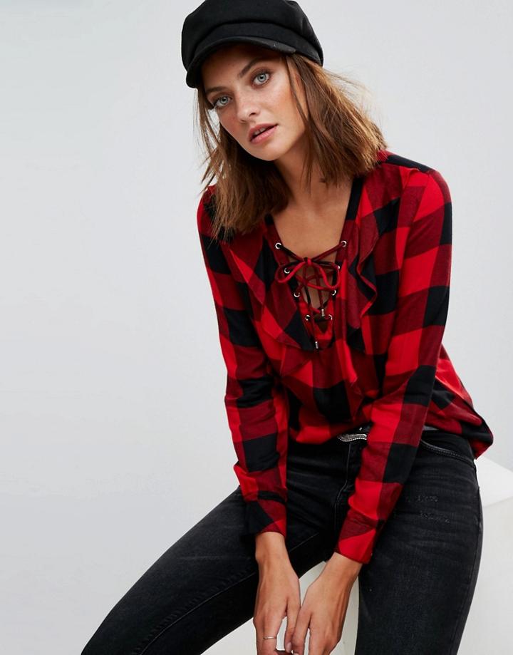 Stradivarius Check Lace Up Shirt - Red