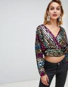 Asos Design Long Sleeve Batwing Wrap Top In Stripe Sequin-multi
