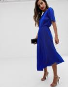 Asos Design Midi Plisse Dress With One Shoulder And Wrap Back-blue