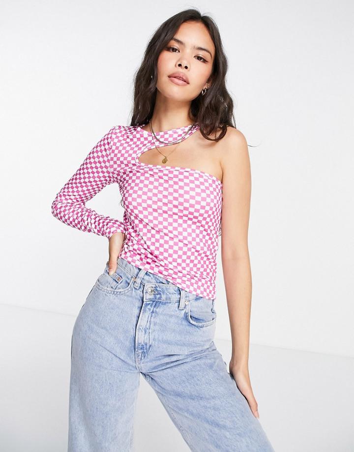 Pieces Laya Checkerboard Print One Sleeve Top In Pink