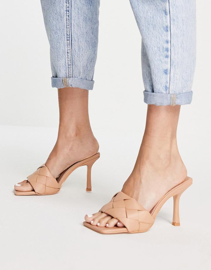 Public Desire Saturn Woven Square Toe Mule Heeled Sandals Beige Pu-neutral