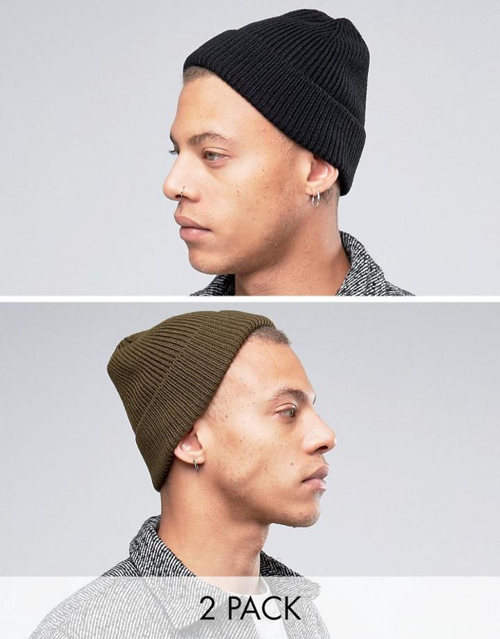 Asos Fisherman Beanie 2 Pack In Black And Khaki - Multi