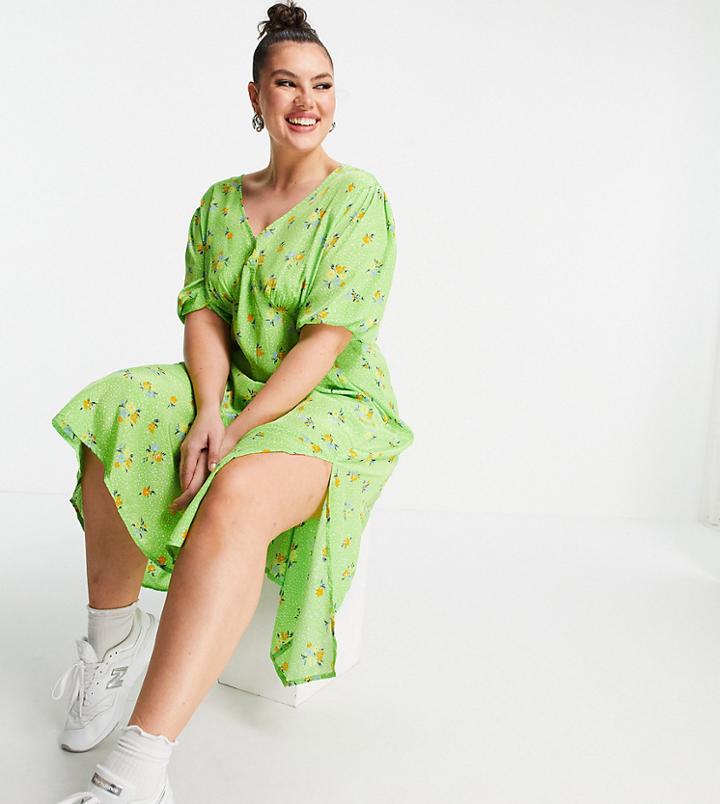 Neon Rose Plus Midi Tea Dress With Puff Sleeves And Split Front In Bright Floral-green