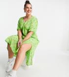 Neon Rose Plus Midi Tea Dress With Puff Sleeves And Split Front In Bright Floral-green