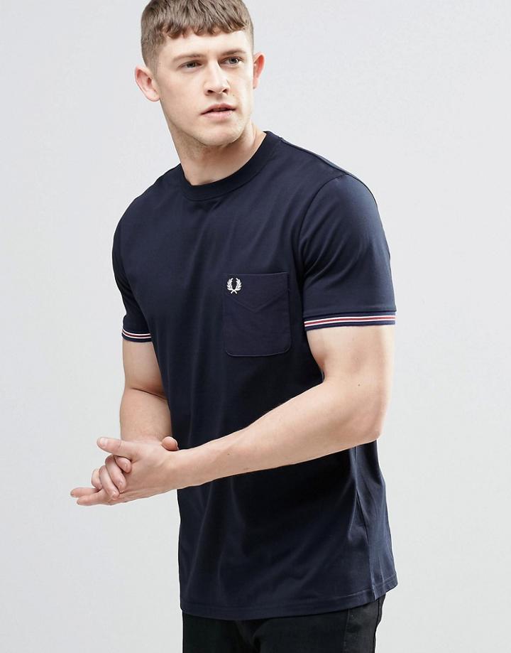 Fred Perry T-shirt With Tipped Cuff And Pocket In Navy - Navy