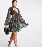 Asos Design Tall Ruffle Mini Dress In Vintage Floral With Lace Up Back-multi
