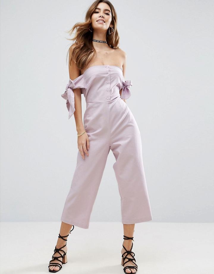 Asos Off Shoulder Jumpsuit With Tie Sleeve Detail - Purple