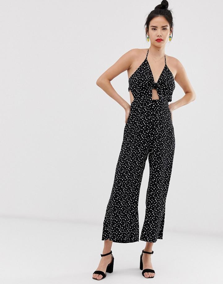 Asos Design Polka Dot Knot Front Strappy Halter Jumpsuit - Multi