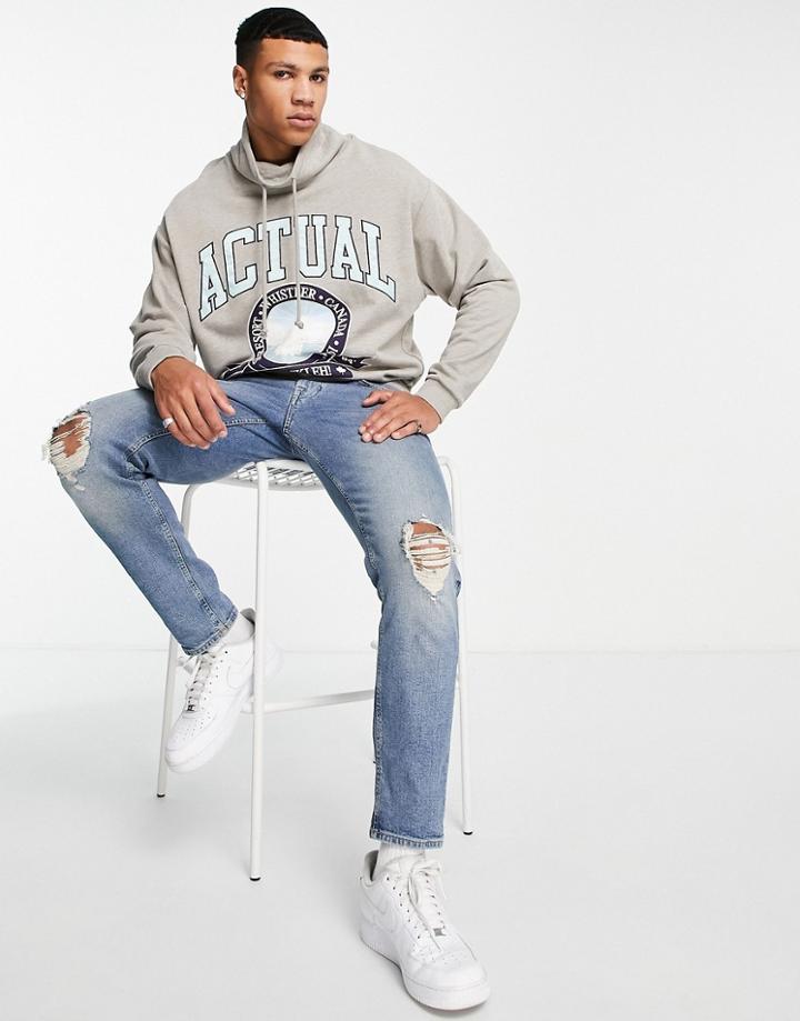 Asos Actual Oversized Sweatshirt With Drawcord Funnel Neck And Graphic Print In Oatmeal Heather-neutral
