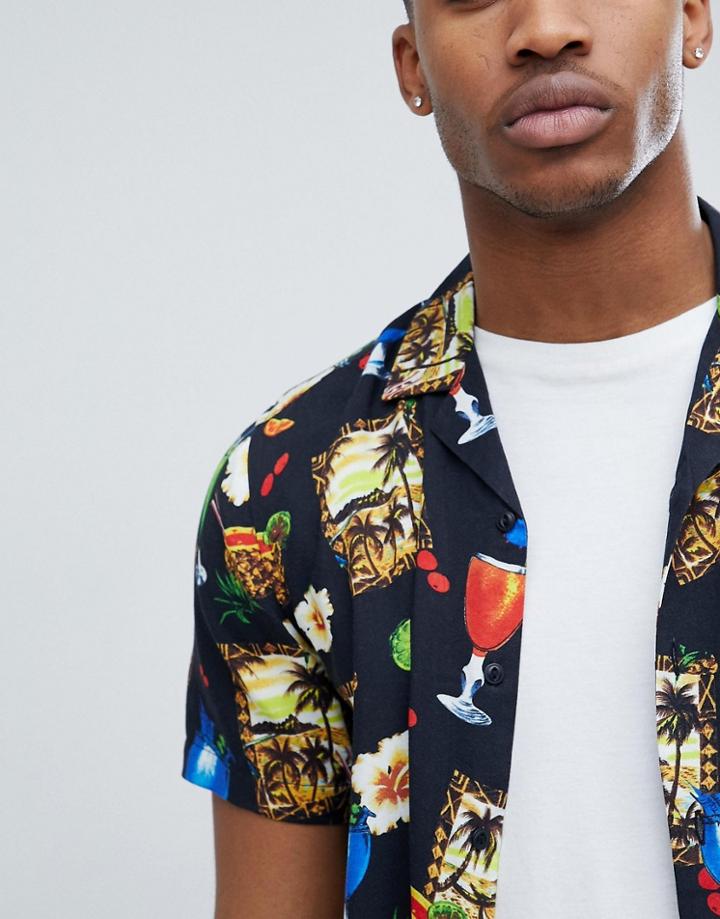 Asos Design Regular Fit Cocktail Print Shirt With Revere Collar - Black