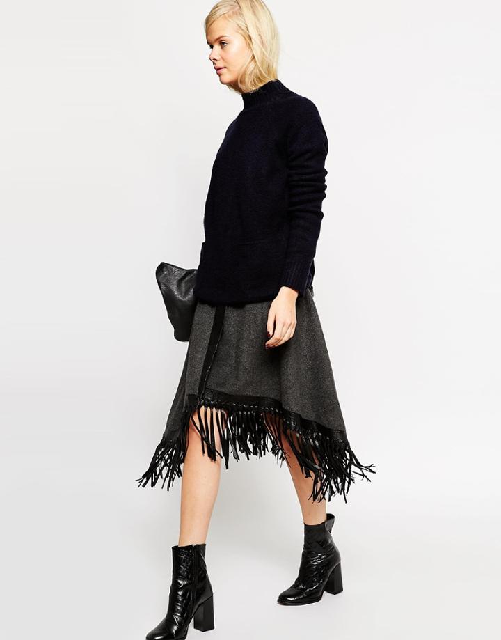 Asos Premium Midi Skirt With Fringed Wrap - Gray