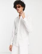 Pull & Bear Long Sleeve Linen Thin Stripe Grandad Shirt In Ecru-neutral