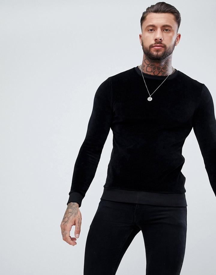 Asos Muscle Sweatshirt In Black Velour - Black