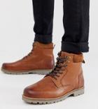 Asos Design Wide Fit Lace Up Worker Boots In Tan Leather