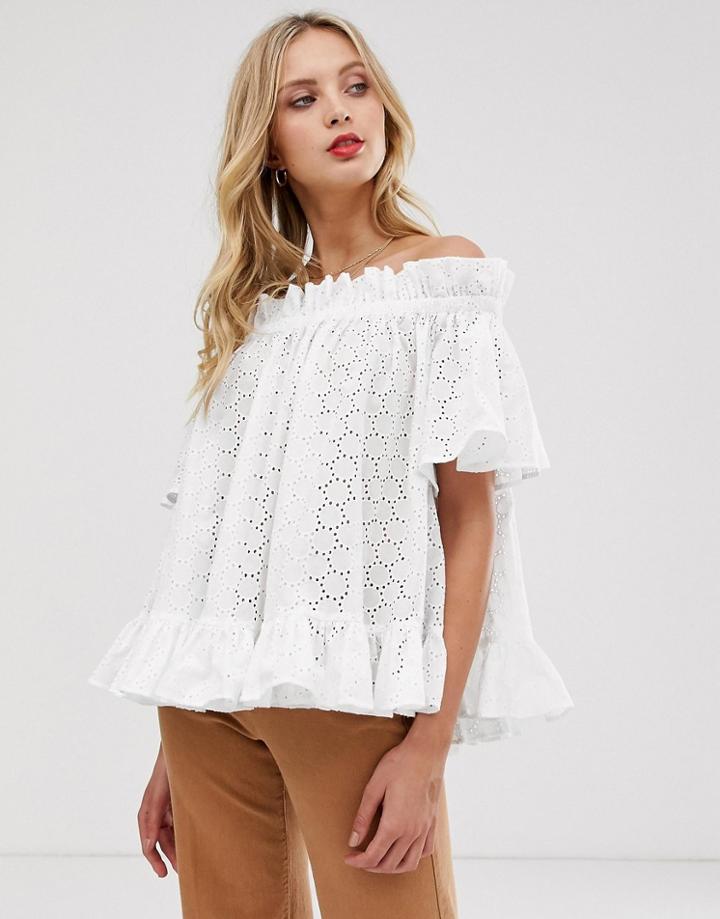 Asos Design Off Shoulder Top In Broderie - White